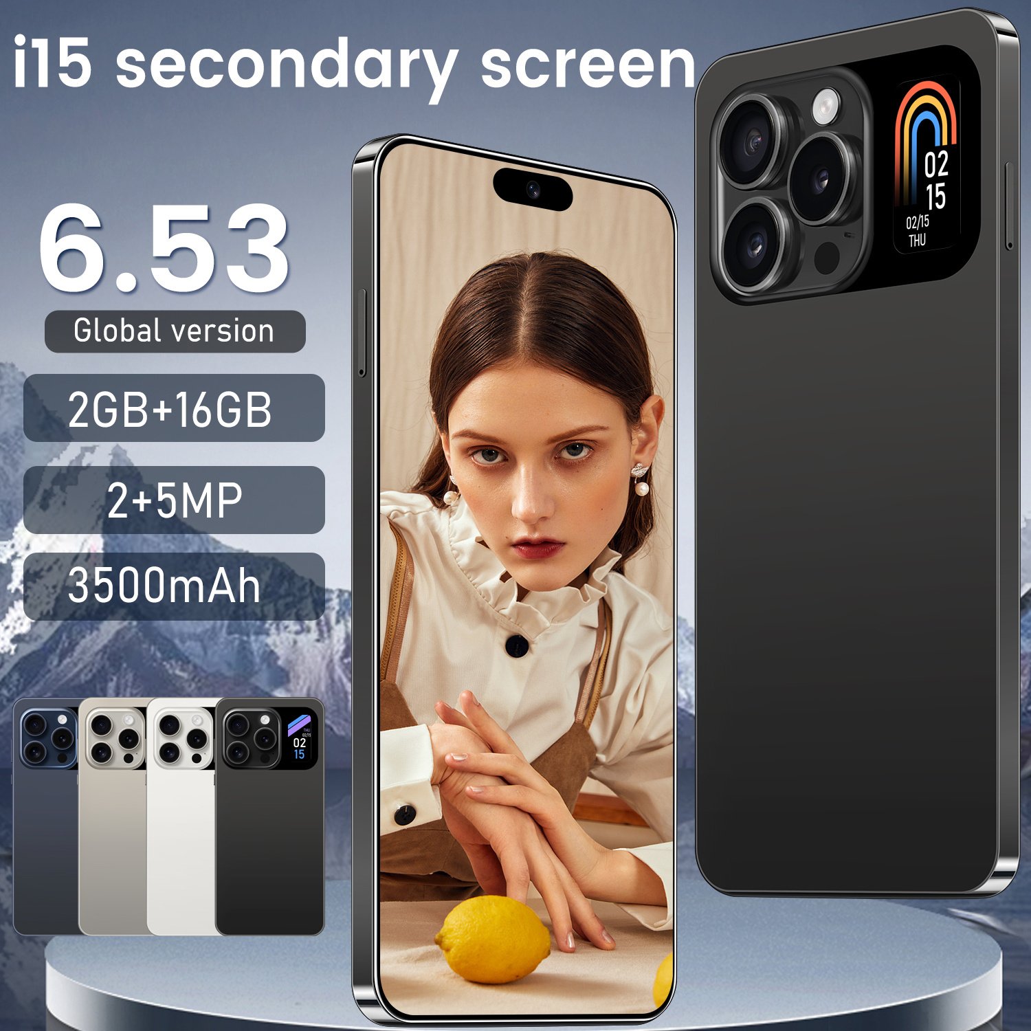 Australia Top Sell 2024 Global Version i15 Secondary Screen Phones Quick Charge Big Screen HD Camera 3G AI Phone